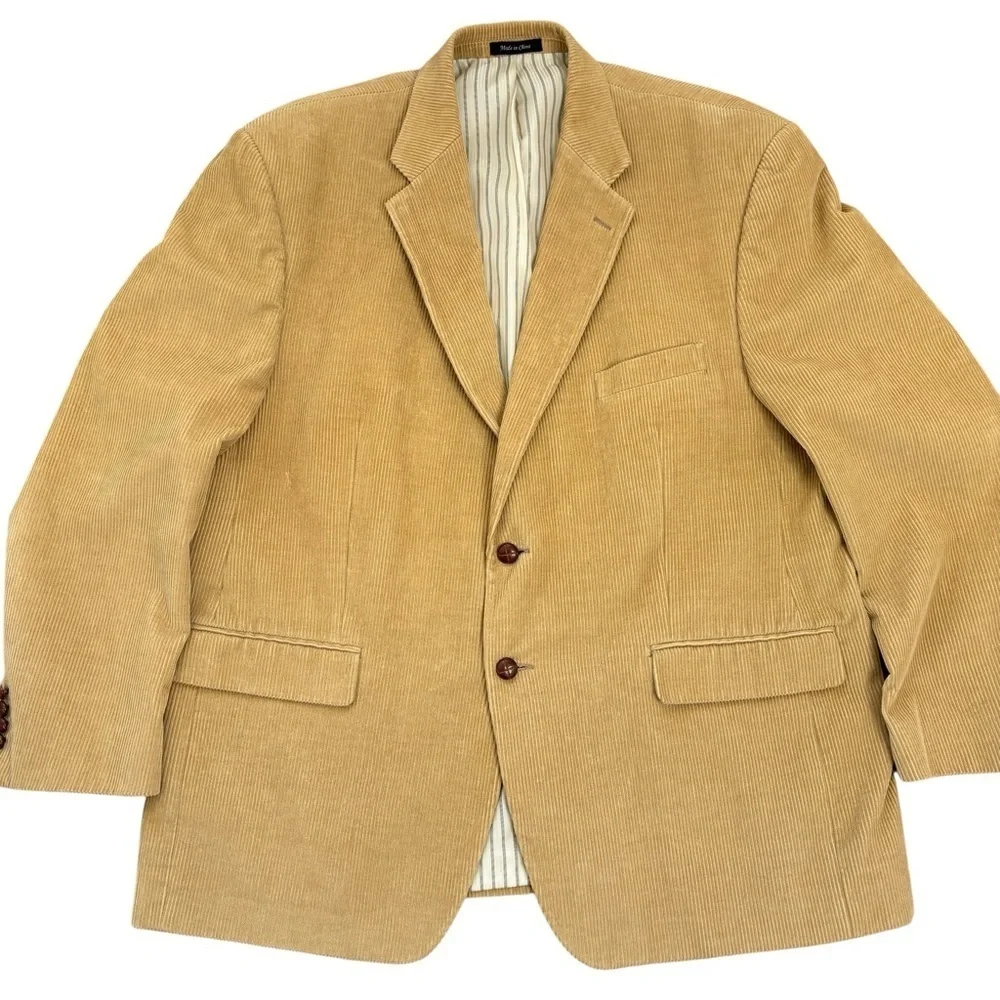 Chaps Blazer Size 48R Tan Corduroy Suit Jacket Sport Coat Leather Buttons